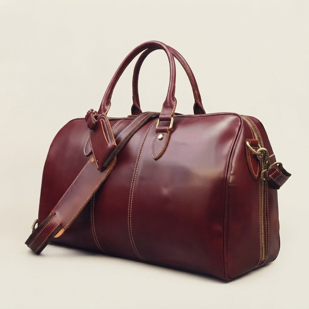 Detachable shoulder strap detail on burgundy leather duffle bag