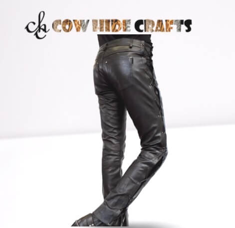 Button closure denim pocket detail on lace-up leather pants