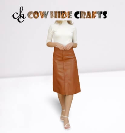 Sleek tan leather A-line skirt with button down front