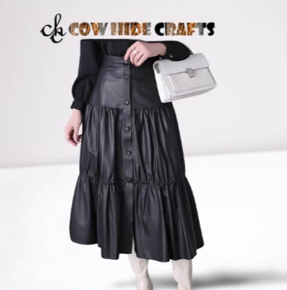Black buttoned calf length sheepskin leather skirt front view
