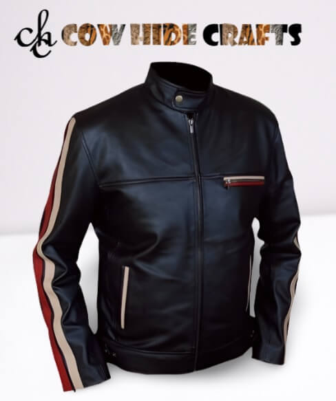Black cafe racer jacket with red white sleeve stripes