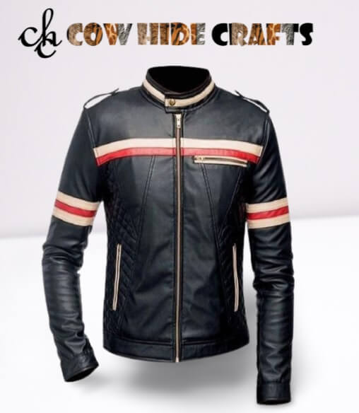Cafe racer red and white stripe sheepskin leather jacket