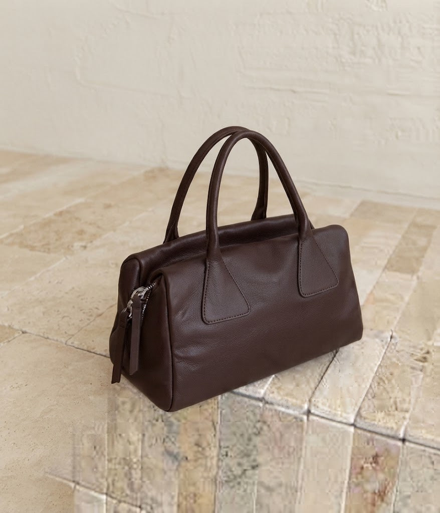 Calfskin Boston satchel bag in dark chocolate brown