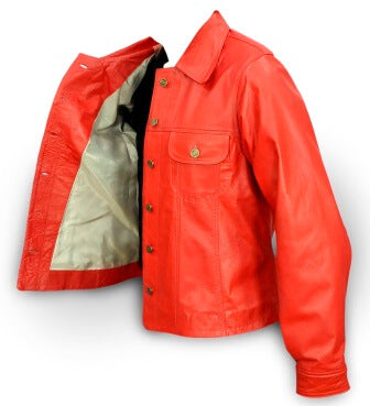 Chest flap pockets with buttons on red leather jacket women