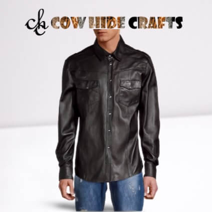 Chest flap pockets close-up on lightweight lambskin leather shirt
