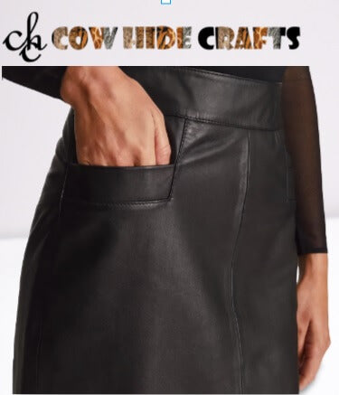 Classy black lambskin aniline finish formal midi skirt