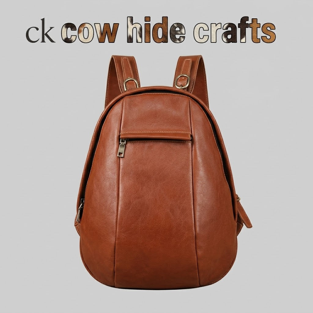 Cognac teardrop dome leather backpack front view