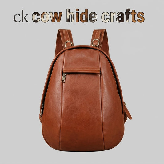 Cognac teardrop dome leather backpack front view