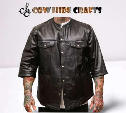 Collarless black leather shirt round neckline