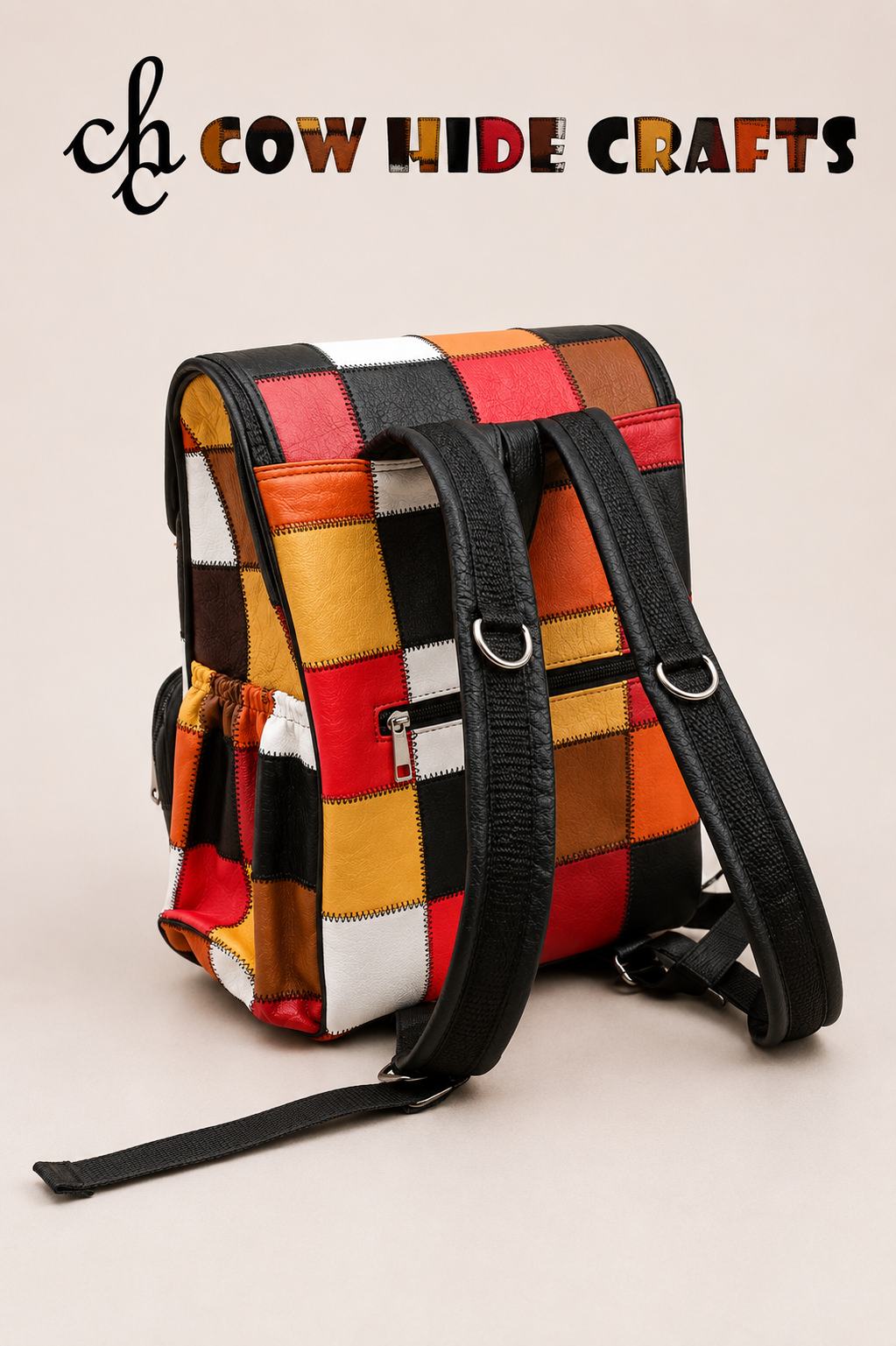 Colorful cowhide square patch backpack strap detail
