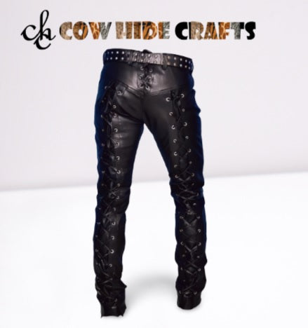 Rear lace-up closure detail on corset leather trousers