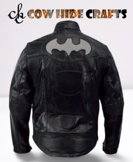 Batman racing leather jacket styled for cosplay convention