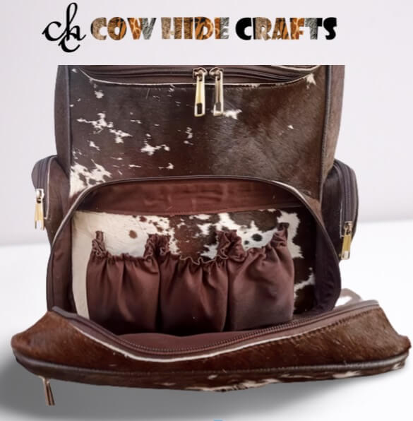 Hair on hide cowhide diaper backpack with bottle holder pocket