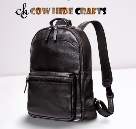 Cowhide backpack curved dual zipper wide mouth top opening