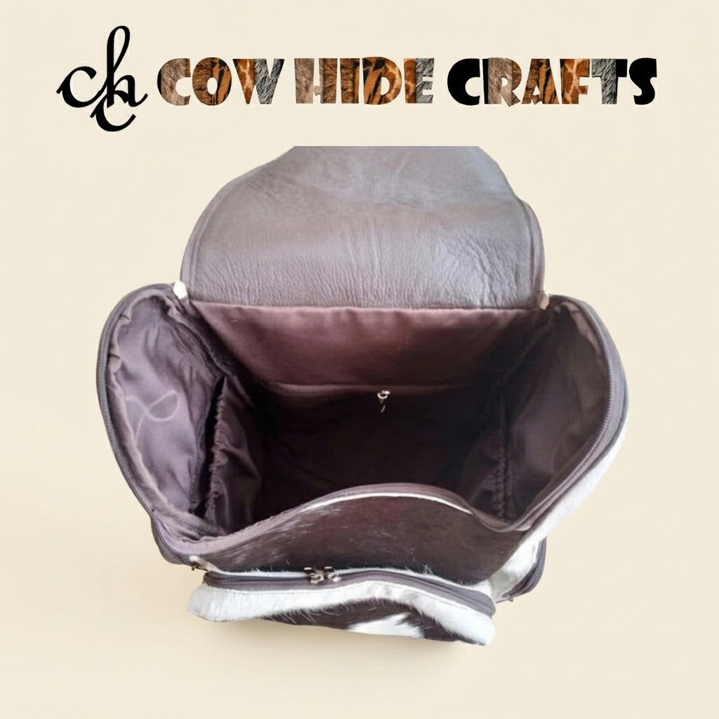 Elasticated interior sidewall detail inside cowhide backpack