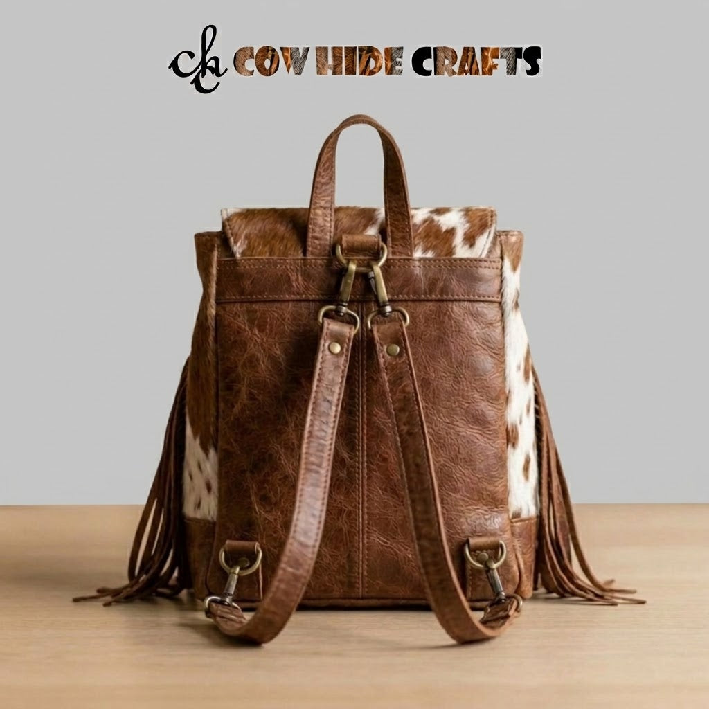 Lobster clasp strap detail on hair-on cowhide backpack