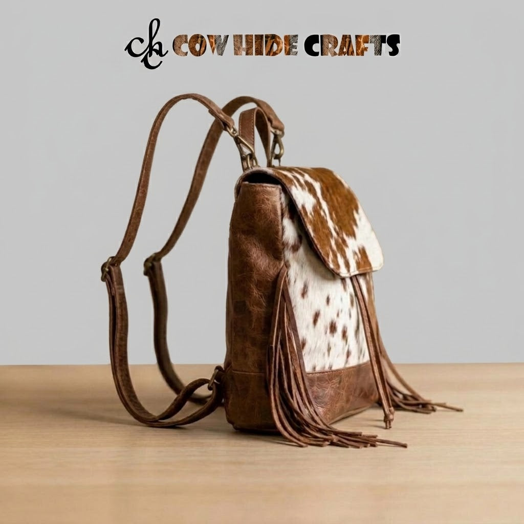 Cascading side fringe detail on hair-on cowhide backpack