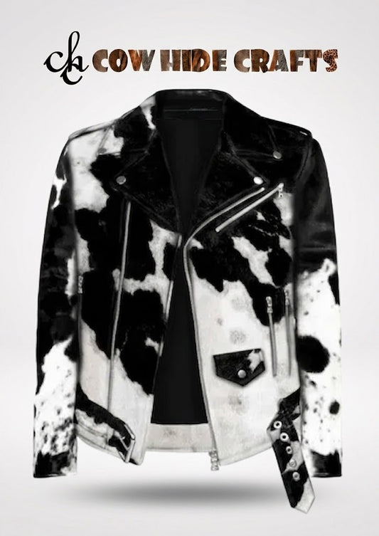 Asymmetric front zipper closure detail on cowhide biker jacket