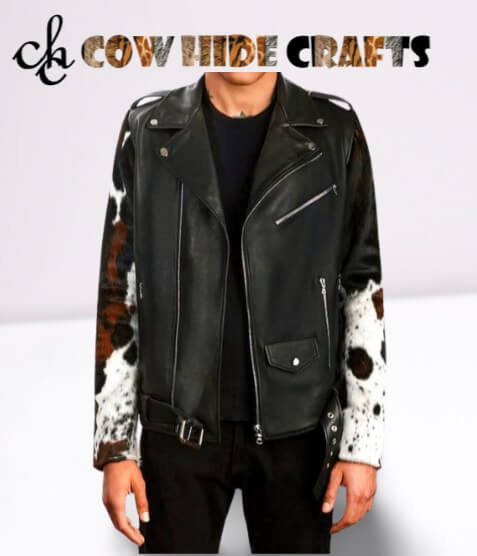Cowhide bomber jacket with brown white hair on leather