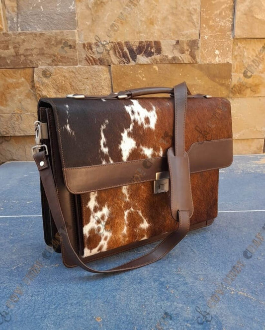 Cowhide briefcase laptop bag brown white flap