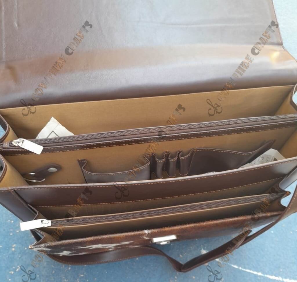 Cowhide briefcase laptop sleeve organized interior