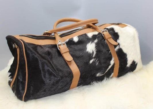 black white cowhide camping duffle bag