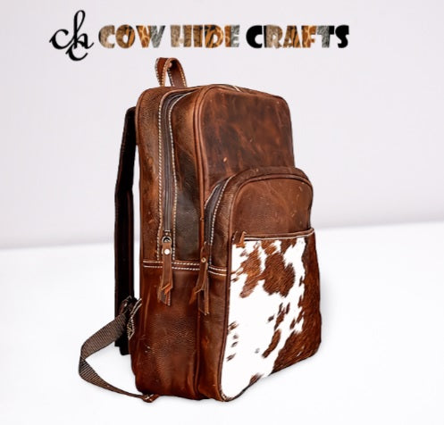 Cowhide Leather Camping Hiking Backpack Brown White