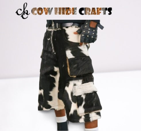 Stacked side cargo flap pocket detail on cowhide shorts