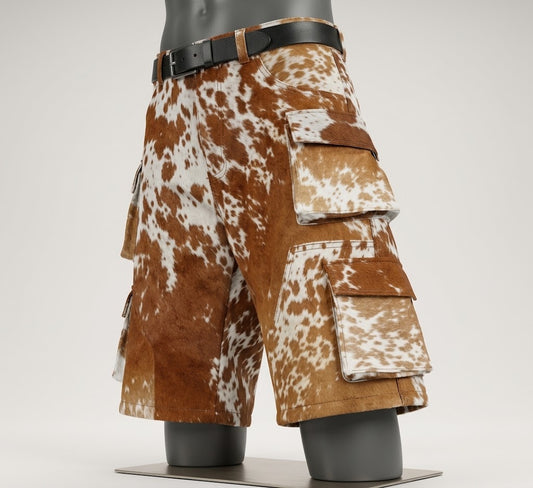 Stacked cargo pocket flap detail on cowhide cargo shorts