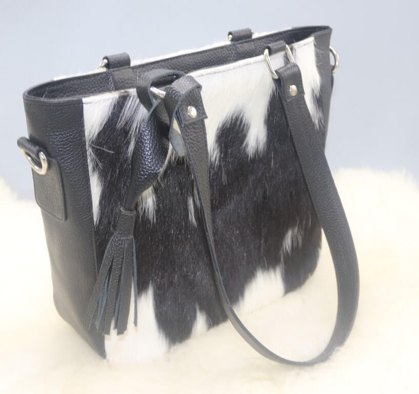 Cowhide crossbody bag black white square design