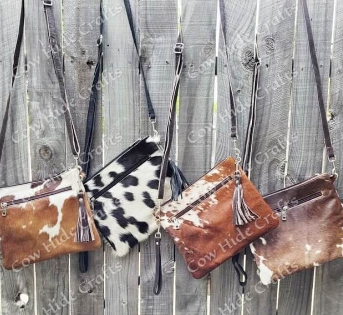 Cowhide crossbody fringe bag clutch set of two