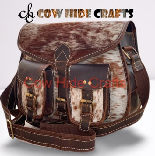 Cowhide crossbody messenger bag brown white golden hardware