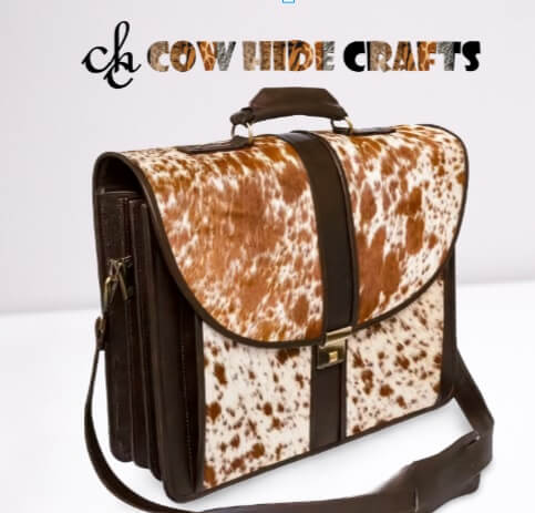 Cowhide crossbody office briefcase tan white