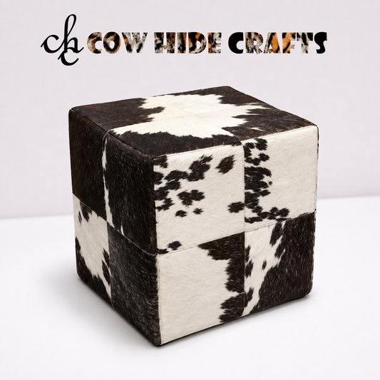 Cowhide cube ottoman black white 18x18 pouf footstool