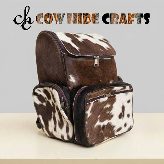 Hair-on cowhide diaper backpack and organizer pouch set front view