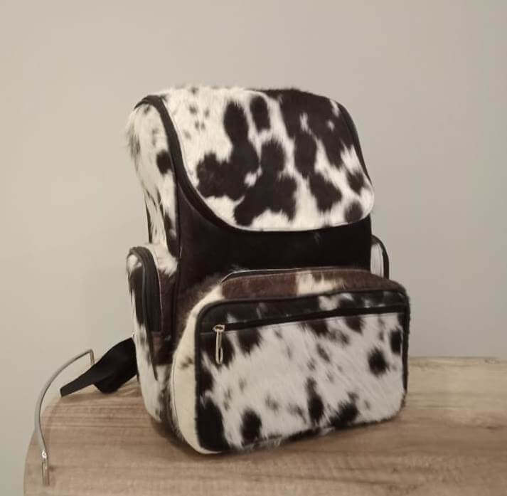 Cowhide diaper kids backpack brown and white