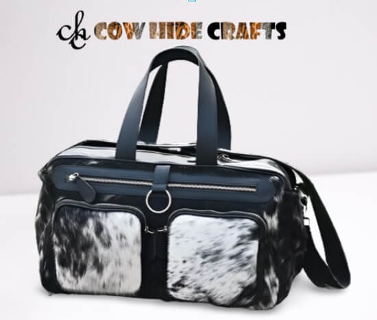 hair on cowhide diaper travel duffle bag with leather handles