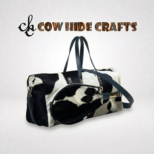 Curved racket sleeve detail on hair-on cowhide sports duffel