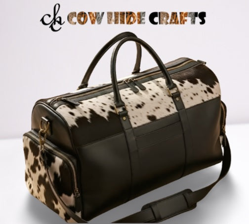 Weekender Cowhide duffel bag two large side zipper pockets