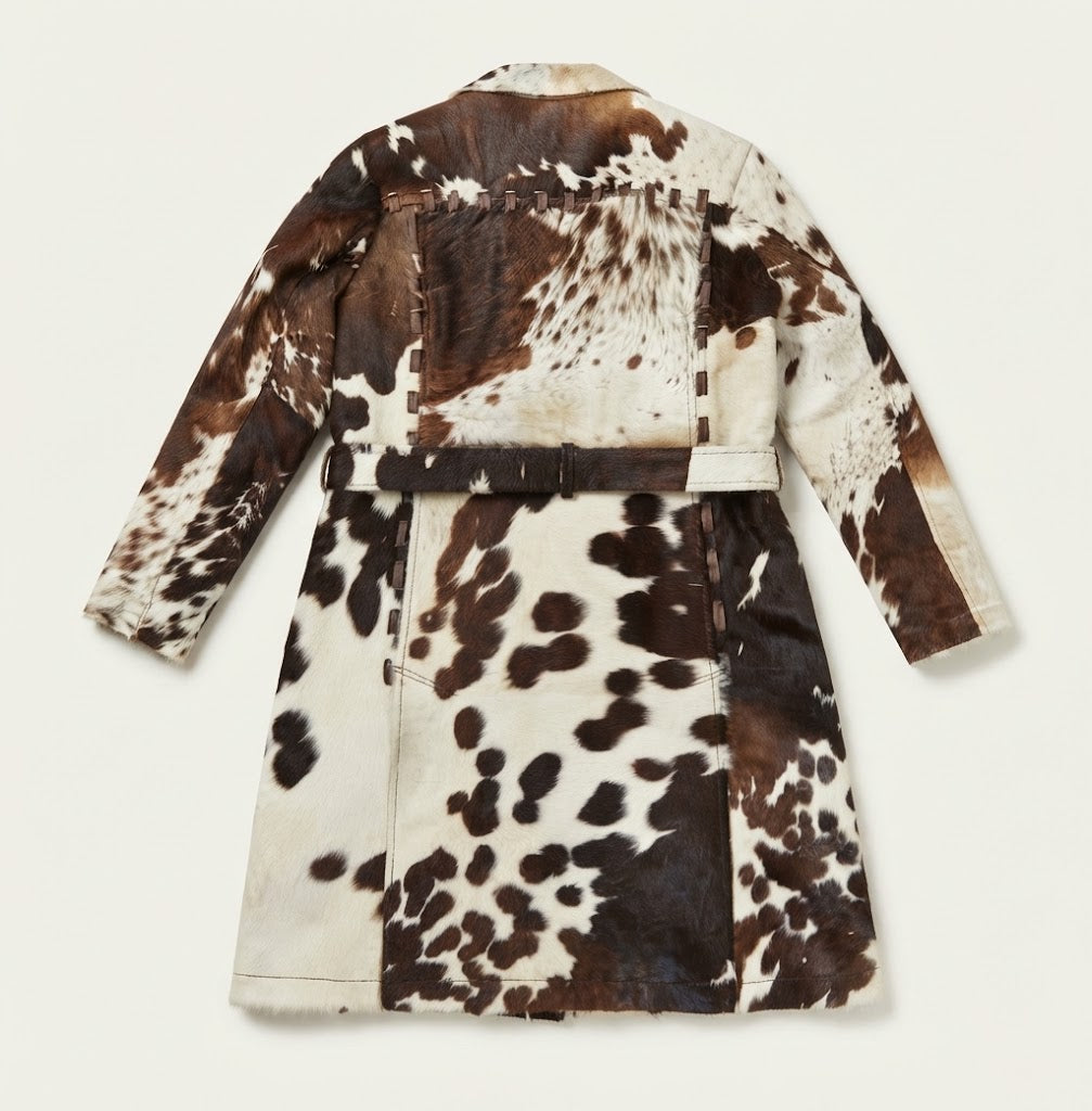 Removable cowhide belt buckle detail on western duster coat