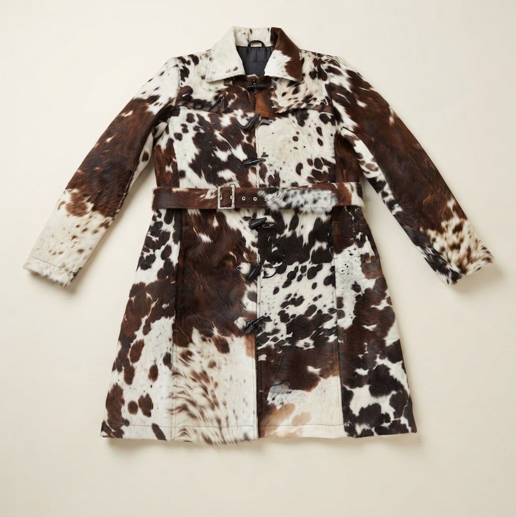 Horn toggle closure detail on cowhide duster coat