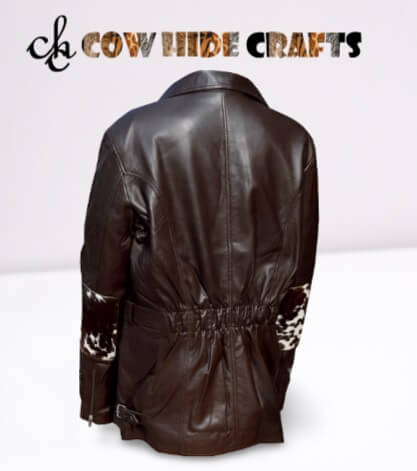 Genuine cowhide elbow patch detail on brown leather belt coat