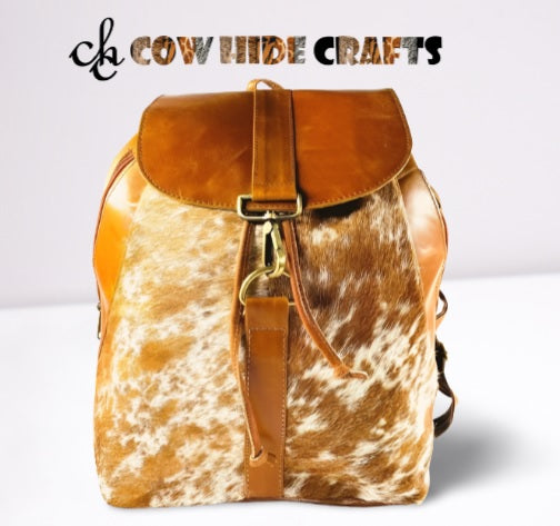 Hair on hide cowhide drawstring leather backpack