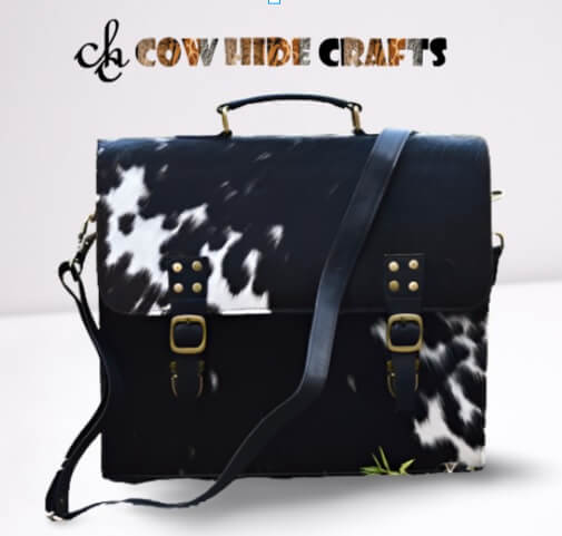 Cowhide flap satchel bag black white