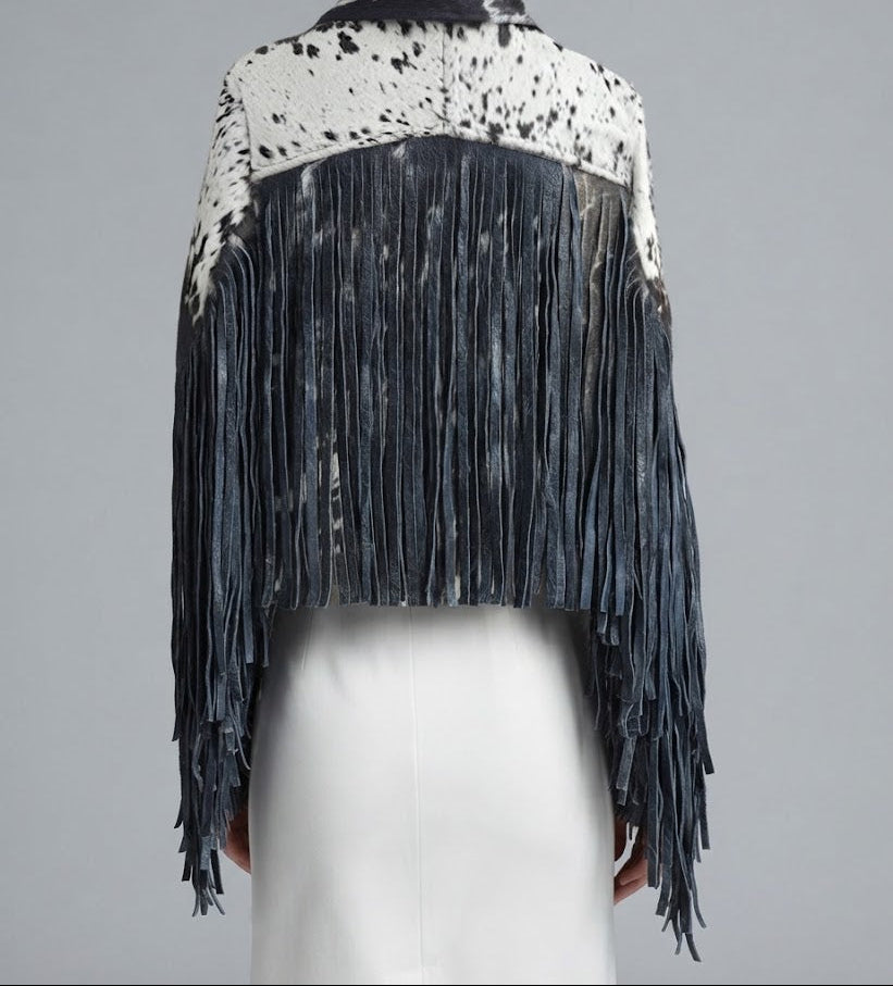 Back view of hair-on cowhide fringe biker jacket