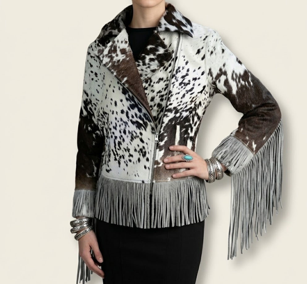 Long leather fringe tassel detail on cowhide biker jacket sleeve