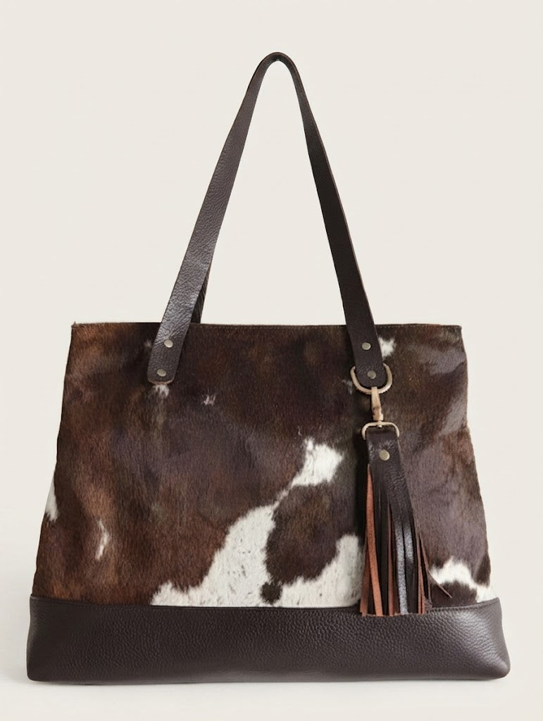 Fringe tassel charm and gold-toned lobster clasp detail on cowhide tote