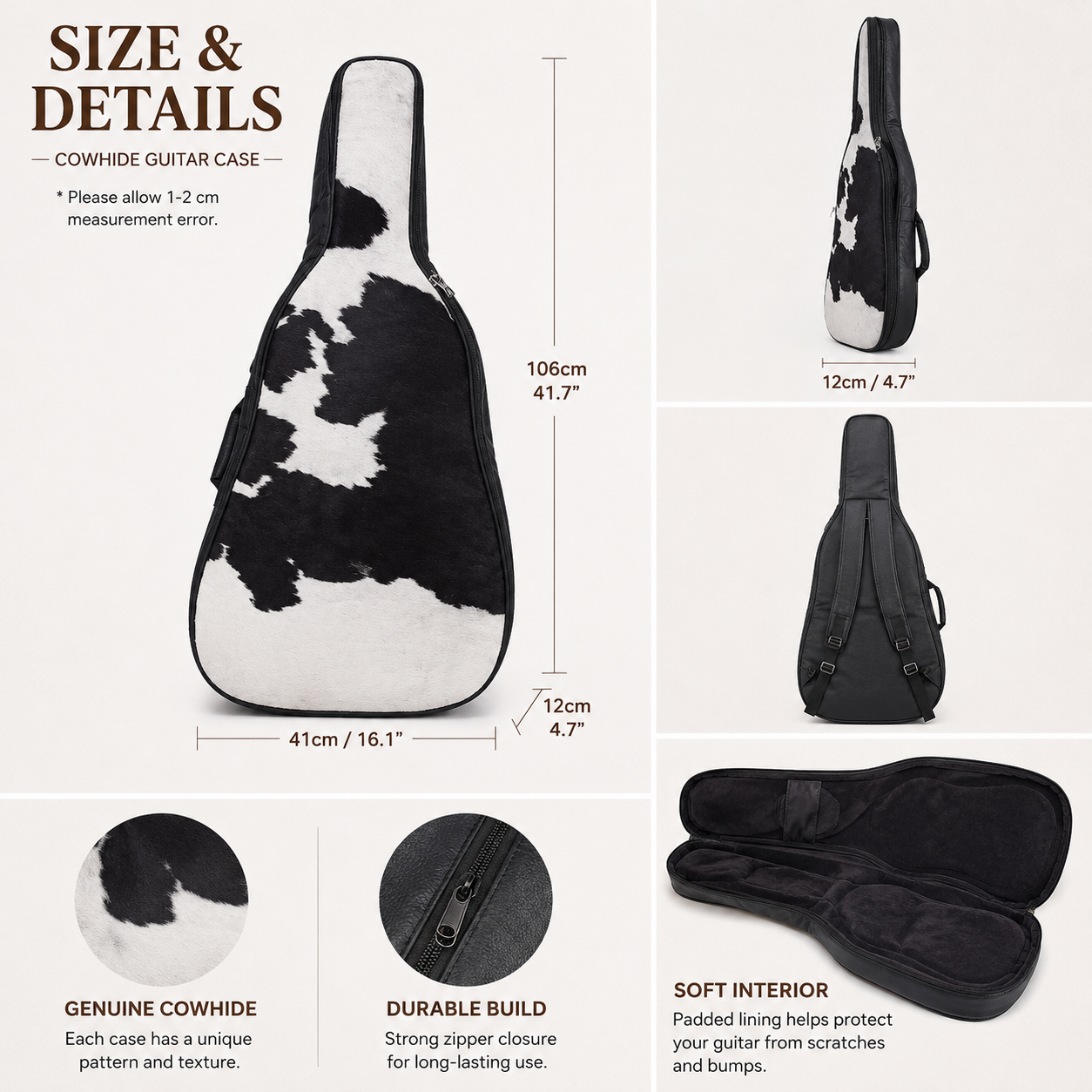Cowhide guitar case padded gig bag backpack straps