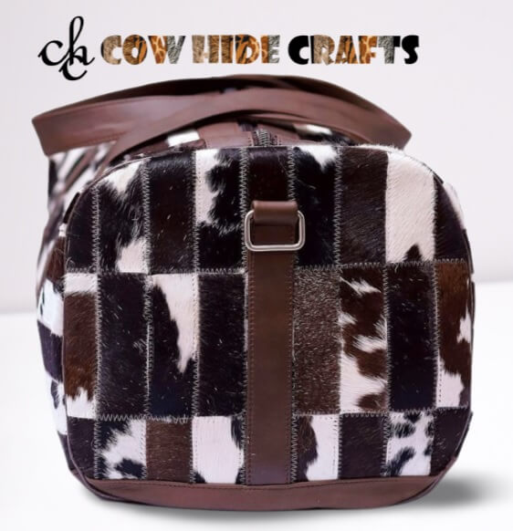 Cowhide horizontal patchwork duffle side view