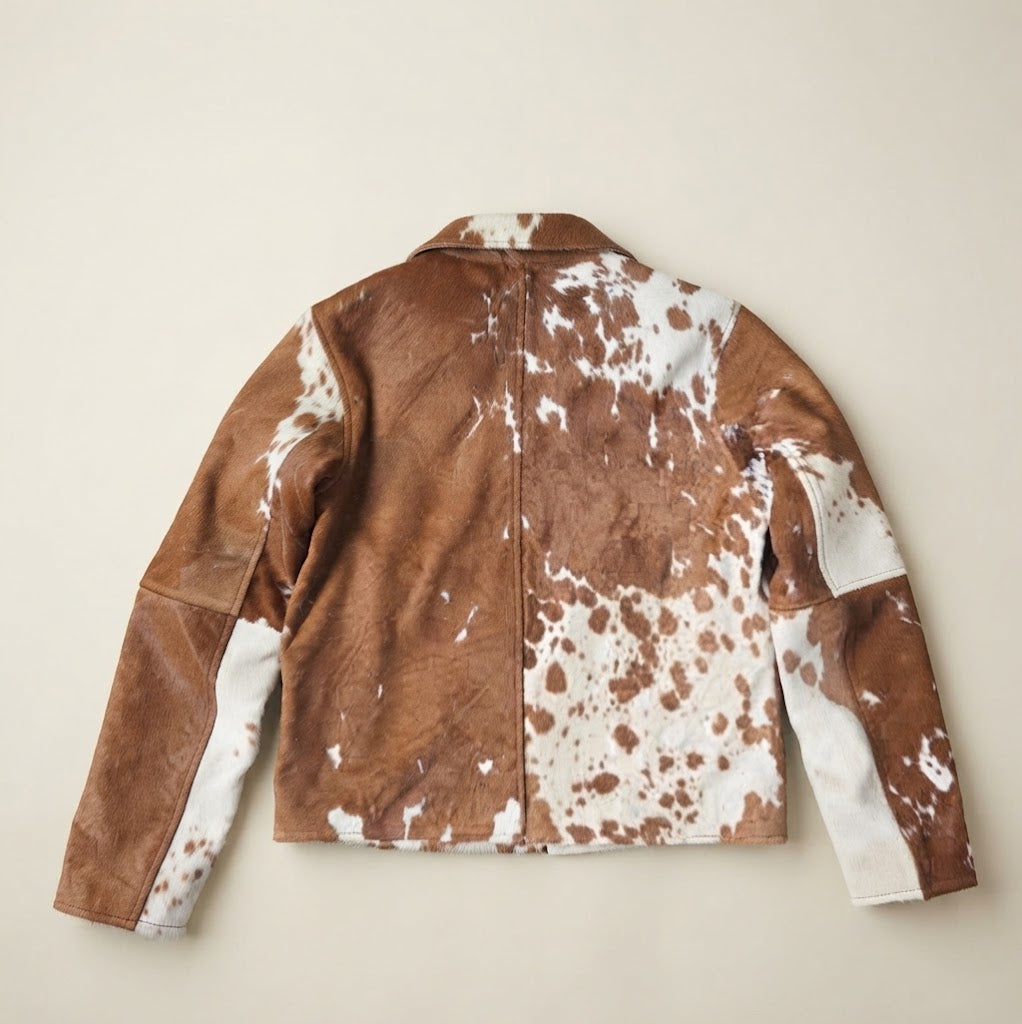 Vertical center-seam back panel detail on cowhide jacket